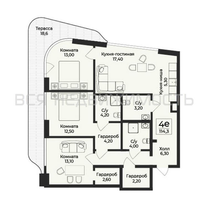 4-комнатная квартира, 114.3кв.м - изображение