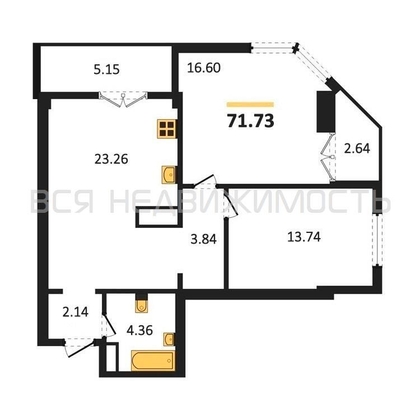 2-комнатная квартира, 71.73кв.м - изображение
