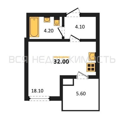квартира-студия, 32кв.м. - изображение