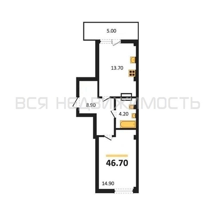 1-комнатная квартира, 46.7кв.м - изображение