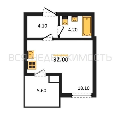 квартира-студия, 32кв.м. - изображение