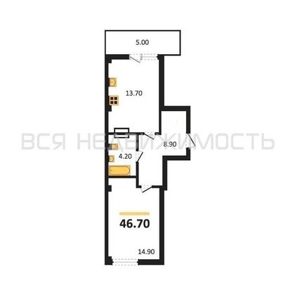 1-комнатная квартира, 46.7кв.м - изображение