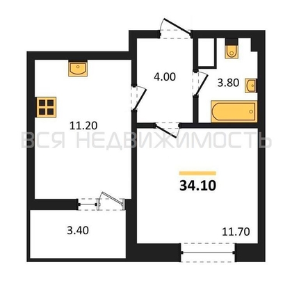 1-комнатная квартира, 34.1кв.м - изображение