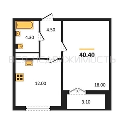 1-комнатная квартира, 40.4кв.м 1-комнатная квартира, 40.4кв.м - изображение 1