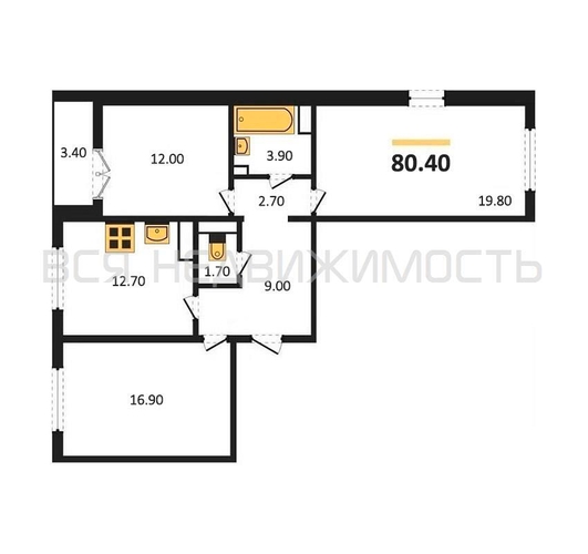 3-комнатная квартира, 80.4кв.м - изображение 0