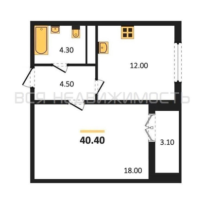 1-комнатная квартира, 40.4кв.м - изображение