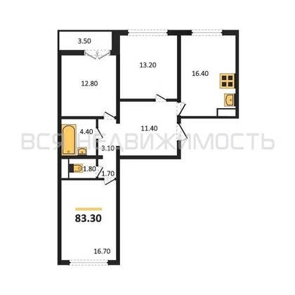 3-комнатная квартира, 83.3кв.м - изображение