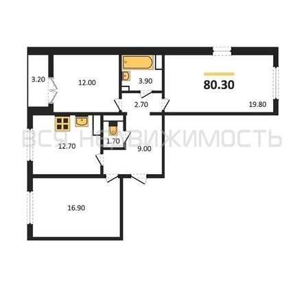 3-комнатная квартира, 80.3кв.м - изображение