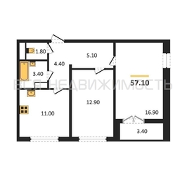 2-комнатная квартира, 57.1кв.м 2-комнатная квартира, 57.1кв.м - изображение 1