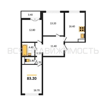 3-комнатная квартира, 83.2кв.м - изображение