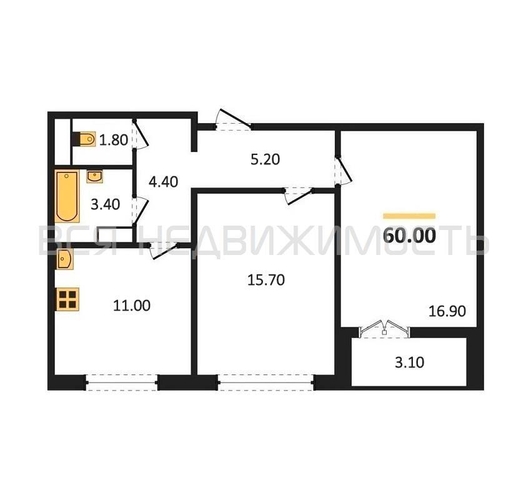2-комнатная квартира, 60кв.м - изображение 0