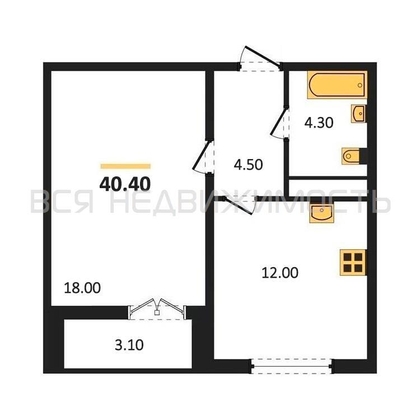 1-комнатная квартира, 40.4кв.м - изображение