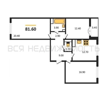 3-комнатная квартира, 81.6кв.м - изображение