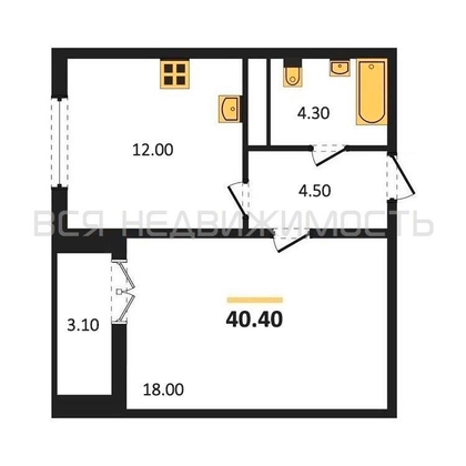 1-комнатная квартира, 40.4кв.м - изображение