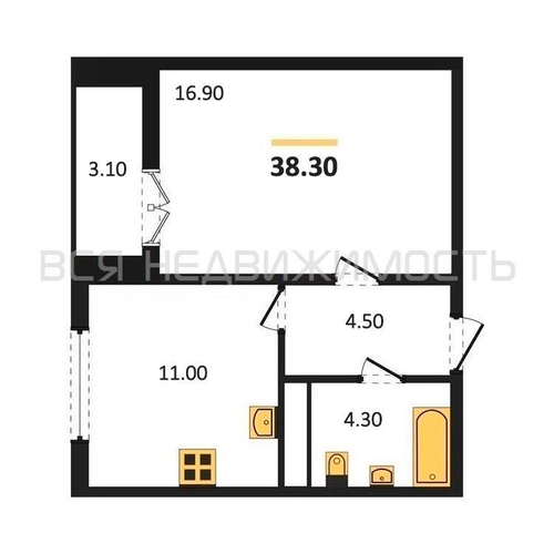 1-комнатная квартира, 38.3кв.м - изображение 0