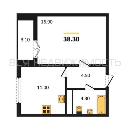 1-комнатная квартира, 38.3кв.м - изображение