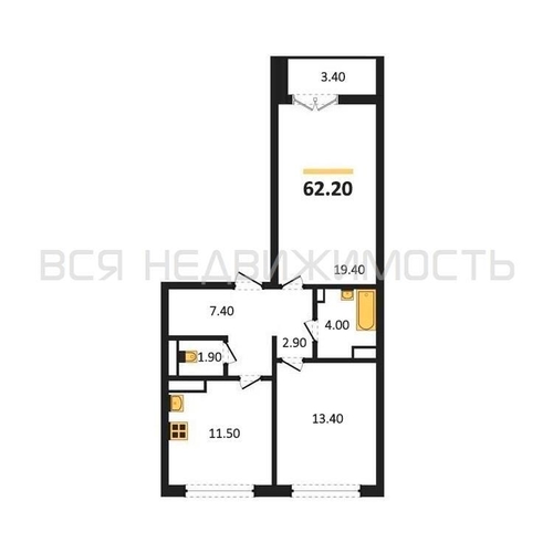 2-комнатная квартира, 62.2кв.м - изображение 0
