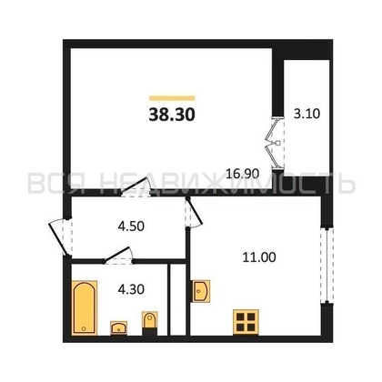 1-комнатная квартира, 38.3кв.м - изображение