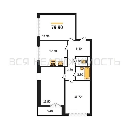 3-комнатная квартира, 79.9кв.м - изображение