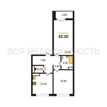 2-комнатная квартира, 62.2кв.м - изображение