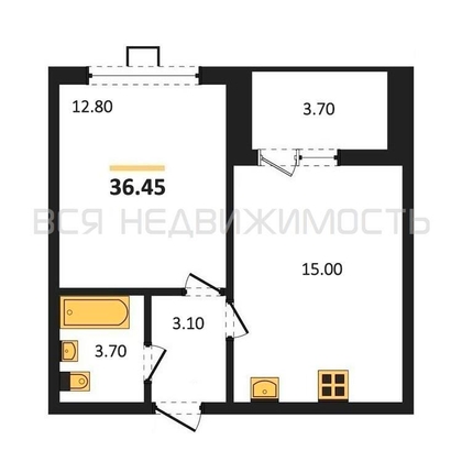 1-комнатная квартира, 36.45кв.м - изображение