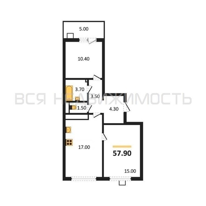 2-комнатная квартира, 57.9кв.м - изображение