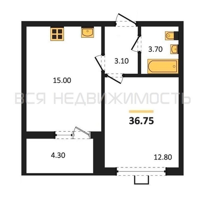 1-комнатная квартира, 36.75кв.м - изображение