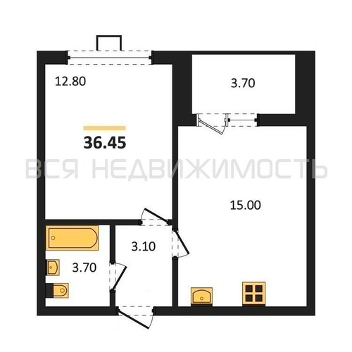 1-комнатная квартира, 36.45кв.м - изображение 0