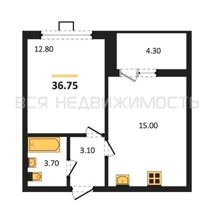 1-комнатная квартира, 36.75кв.м - изображение