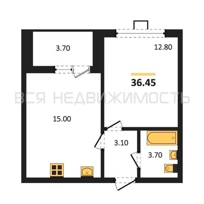 1-комнатная квартира, 36.45кв.м - изображение