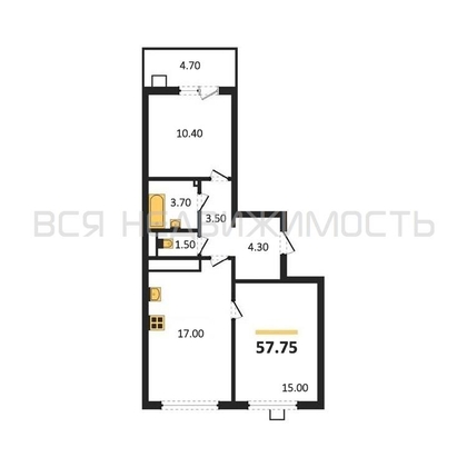 2-комнатная квартира, 57.75кв.м - изображение