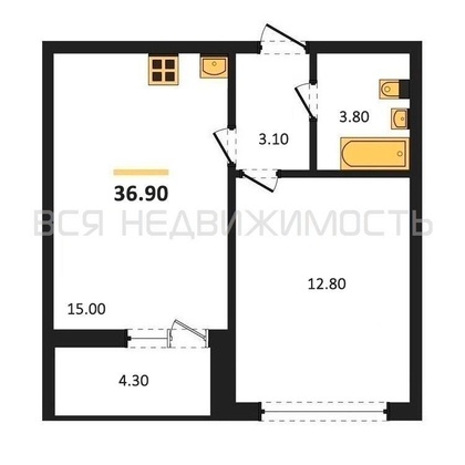 1-комнатная квартира, 36.9кв.м - изображение