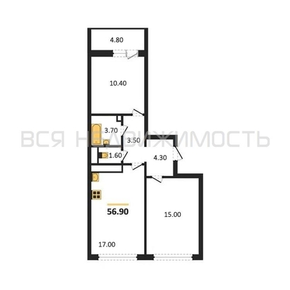 2-комнатная квартира, 57.9кв.м - изображение