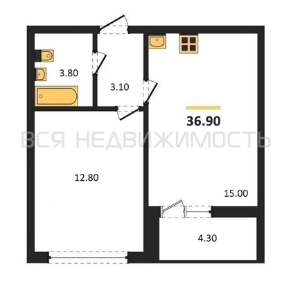 1-комнатная квартира, 36.9кв.м - изображение