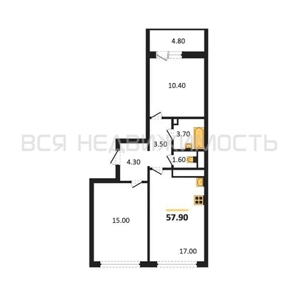 2-комнатная квартира, 57.9кв.м - изображение