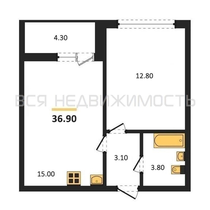 1-комнатная квартира, 36.9кв.м - изображение