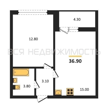 1-комнатная квартира, 36.9кв.м - изображение