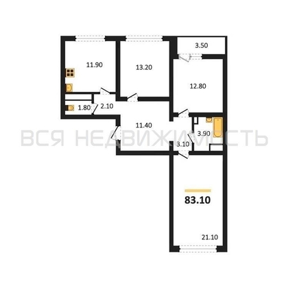 3-комнатная квартира, 83.1кв.м - изображение