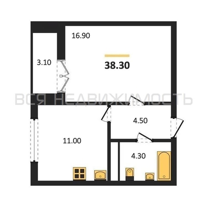 1-комнатная квартира, 38.3кв.м - изображение