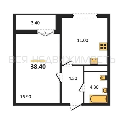 1-комнатная квартира, 38.4кв.м - изображение
