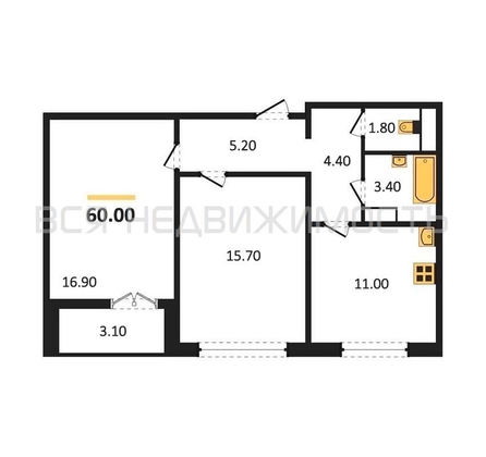 2-комнатная квартира, 60кв.м - изображение