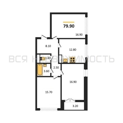3-комнатная квартира, 79.9кв.м - изображение
