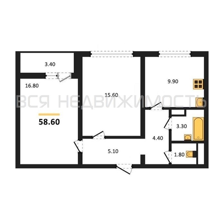 2-комнатная квартира, 58.6кв.м - изображение