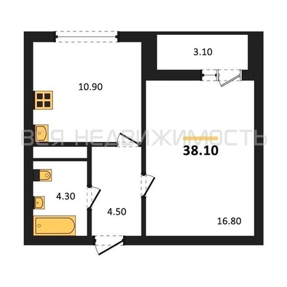1-комнатная квартира, 38.1кв.м - изображение