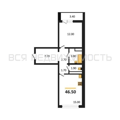 1-комнатная квартира, 46.5кв.м - изображение