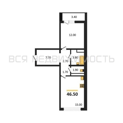 1-комнатная квартира, 46.5кв.м - изображение