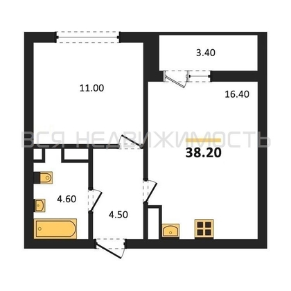 1-комнатная квартира, 38.2кв.м - изображение