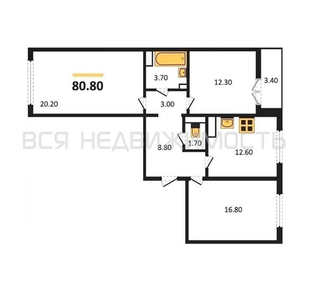 3-комнатная квартира, 80.8кв.м - изображение
