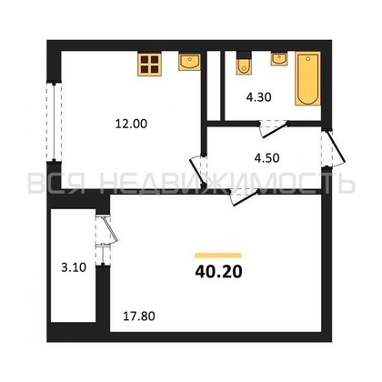 1-комнатная квартира, 40.2кв.м - изображение