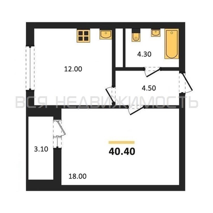 1-комнатная квартира, 40.4кв.м - изображение